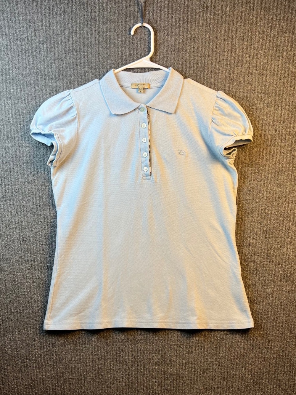 Burberry Shirt Women's Size L Baby Blue Polo Puff Sleeve